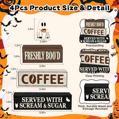 Oat Halloween Wooden Coffee Decor Set - Ghost & Slogan Farmhouse Holiday Decorations