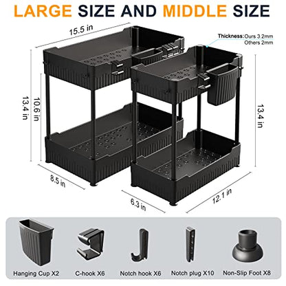 Sevenblue 2 Pack Under Sink Organizer, Under Bathroom Cabinet Organizer with Hooks Hanging Cup, Multi-Purpose Storage Shelf for Kitchen Bathroom, Black