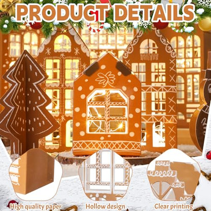 Christmas Gingerbread Village Set with Houses, Trees, Snowman - Holiday Decor