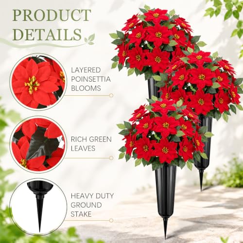 Artificial Christmas Poinsettia Cemetery Flowers Set with Vases - Red, 4 Pack