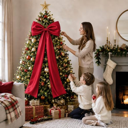 Extra Large Christmas Tree Topper Bow - Red Satin 20x47 Inches Holiday Decor