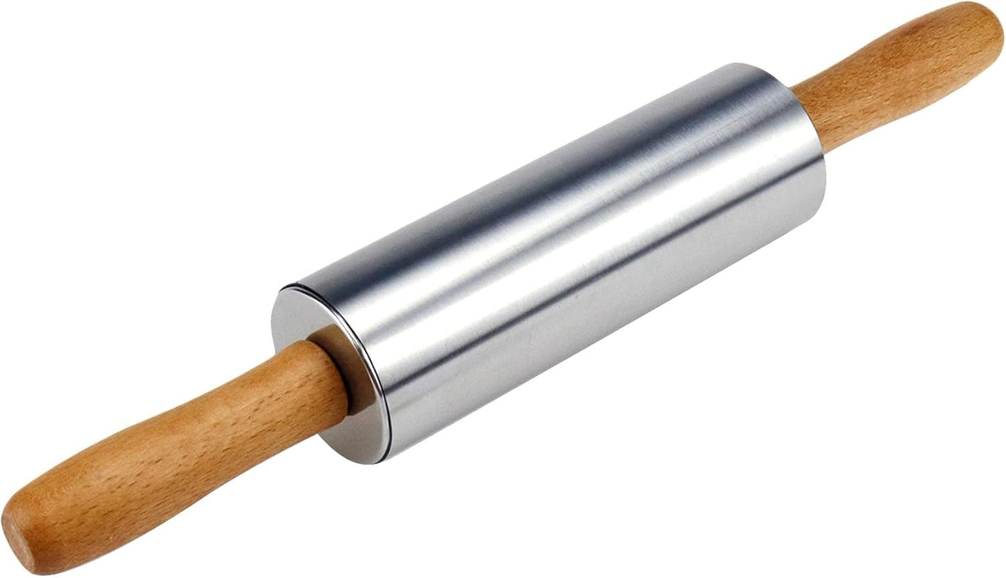 Skiennix Stainless Steel Rolling Pin - 13-Inch Dough Roller with Wood Handle for Baking & Pastry