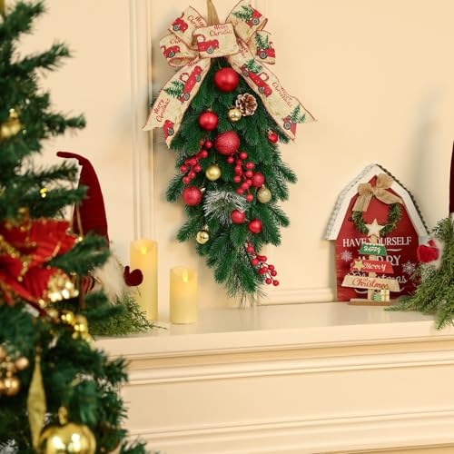 Artificial Christmas Swags 24 Inch 2 Pack Teardrop Holiday Decor with Berries Pinecones & Greens - Multi Color