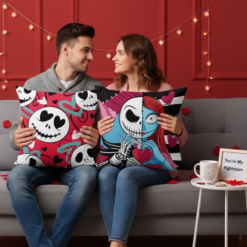 Valentine's Day Throw Pillow Covers Set - Nightmare Before Christmas Style 18x18 Plush Fleece