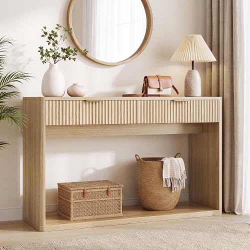 47-Inch Fluted Console Table with 2 Large Drawers for Entryway, Oak Finish