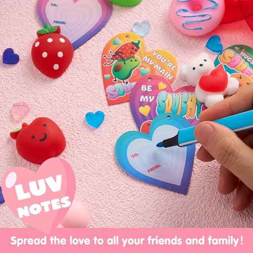 JOYIN 28 Pack Mochi Squishy Toy Filled Hearts and Cards for Kids Valentine Classroom Exchange Party Favors, Kawaii Stress Relief Toys for Valentine Gift Exchange, Game Prizes and Carnivals Gift
