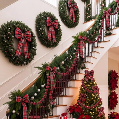 2 Pack Red Black Buffalo Check Christmas Ball Garlands - 6 Ft Holiday Decor