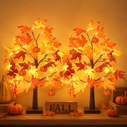 Fall Maple Tree with Lights - Orange 2 Pack, 24 Inch Autumn Decor