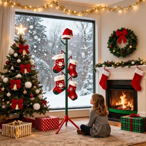 Christmas Stocking Holder Stand with 7 Hooks - Wooden Holiday Floor Rack