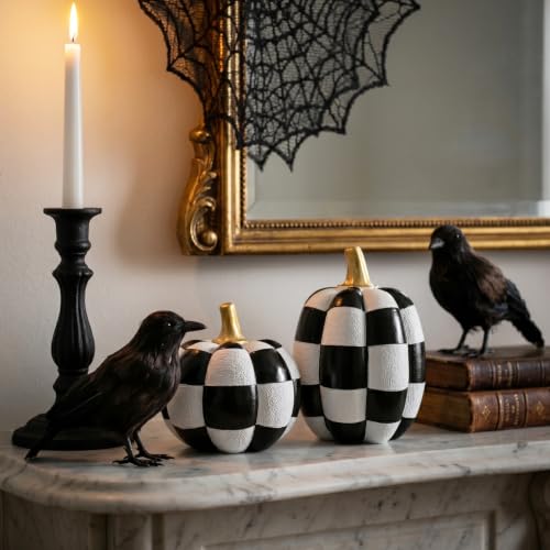 Black and White Checkered Pumpkins with Gold Stem Set of 2 Halloween Decor
