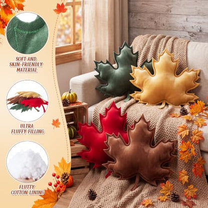 Fall Maple Leaf Plush Throw Pillow Set - Autumn Home Decor 4 Pieces