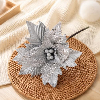 Artificial Poinsettia Flower for Christmas Tree Decoration - Silver, 11 Inch