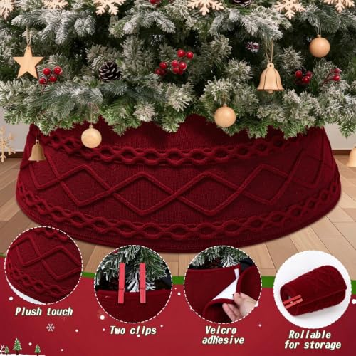 Christmas Tree Collar Xmas Tree Skirt Red Knit Base Cover with Clips