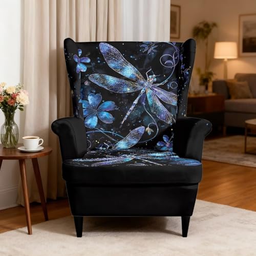 Dragonfly Floral Wingback Chair Cover, 2-Piece Stretch Slipcover for Sofa