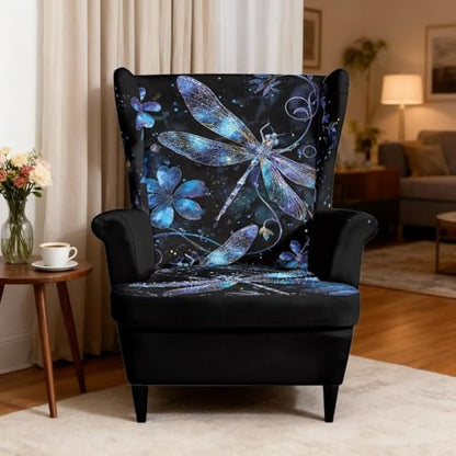 Dragonfly Floral Wingback Chair Cover, 2-Piece Stretch Slipcover for Sofa