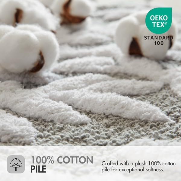 Gray Tufted Cotton Bath Rug 21 x 34 Inch with Leaf Pattern and Non-Slip Backing - Madison Park Serene Collection