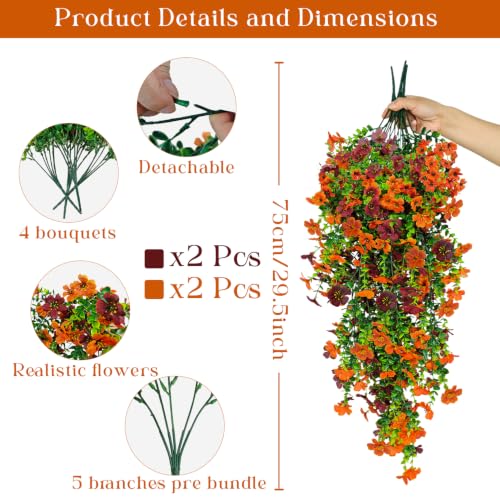 Artificial Fall Flowers - 4 Pcs Hanging Silk Bouquets for Outdoor Decor