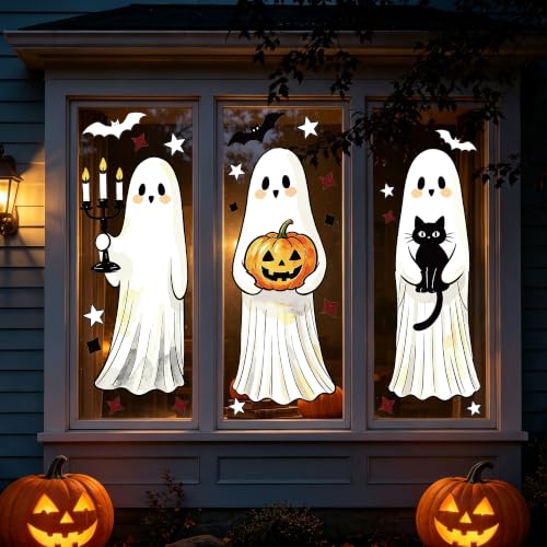 Halloween Window Clings Set - Large Ghost Bats Cats Pumpkins Spooky Decor