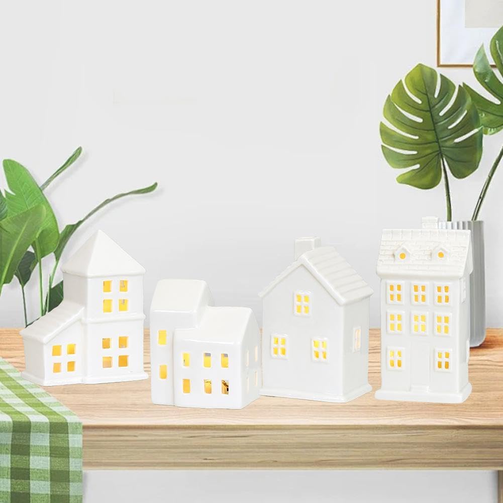 Regine Switzerland Christmas Village Houses - White Ceramic Set with Illumination & Remote Control | Rustic Holiday Decor for Tabletop Display