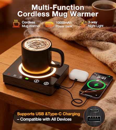 Wireless Mug Warmer with 3 Temp Settings & Power Bank - Black