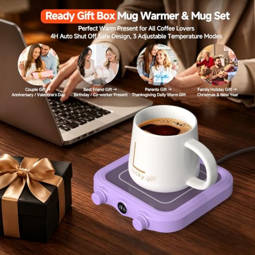 Purple Coffee Mug Warmer & Mug Set with 8 Temp Settings, Auto Shutoff