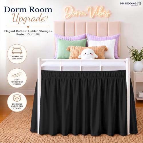 Dorm Bed Skirt Twin XL 36 Inch Drop Black Wrap Around Dust Ruffle