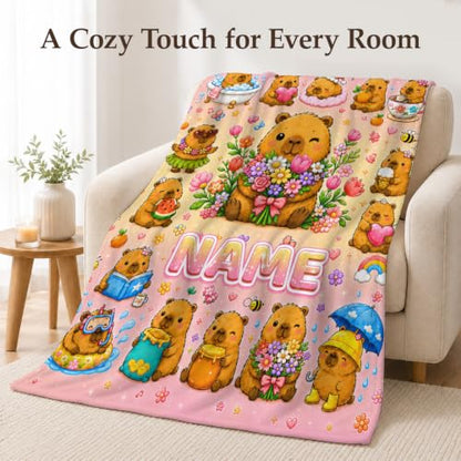 Personalized Kids Blanket with Name and Animal Pattern - Orange, 50x60 Inches