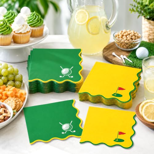 Golf Cocktail Napkins 50 Pack - Bright Yellow & Green, Scalloped 3-Ply Party Supplies