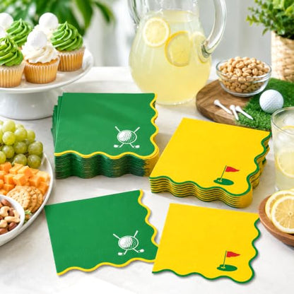 Golf Cocktail Napkins 50 Pack - Bright Yellow & Green, Scalloped 3-Ply Party Supplies