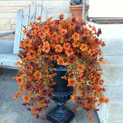 Artificial Fall Hanging Flowers Plants - Faux Silk Mums for Outdoor & Indoor Decor, 4 Pack - Fall Orange Brown