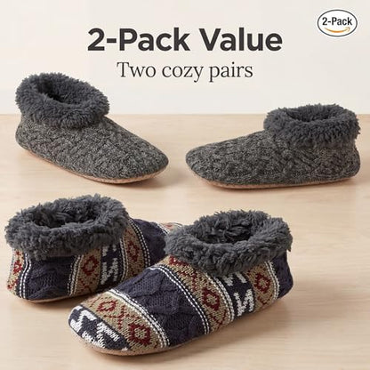 Men's Fuzzy Slippers 2-Pack with Non-Slip Soles - Grey & Navy, Size 12-13