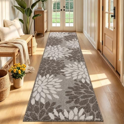 Brown 2x8 ft Non Slip Washable Runner Rug for Hallway Kitchen - Floral High-Low Design
