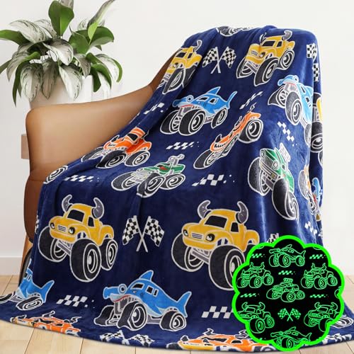 Twin Size Construction Truck Blanket for Teens Boys - Glow in Dark 60x80in