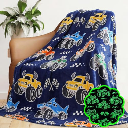 Twin Size Construction Truck Blanket for Teens Boys - Glow in Dark 60x80in