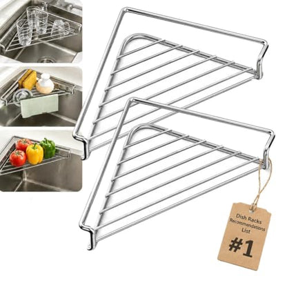2pcs Stainless Steel Corner Sink Shelf Triangular Open Wire Draining Rack