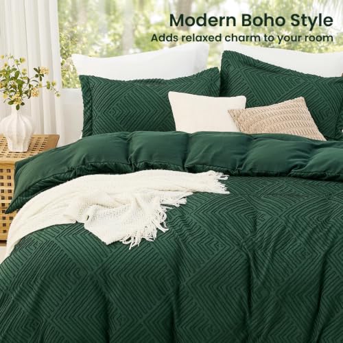 Emerald Green King Size Comforter Set - Boho Tufted Microfiber Bedding, 3-Piece