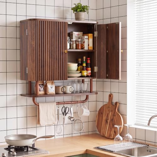24 Inch Wall Mounted Bathroom Medicine Cabinet with Towel Bar - Walnut