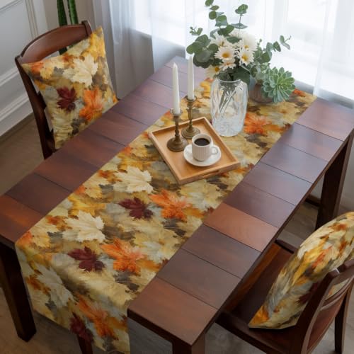 Fall Maple Leaf Bed Runner Set Ochre Burgundy 102x20 Inches with Pillowcases