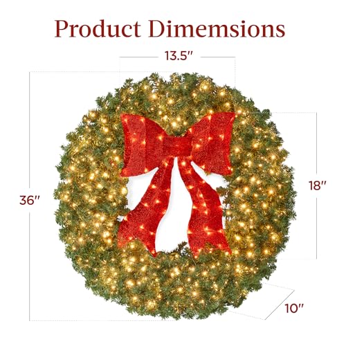 36in Artificial Christmas Wreath with Red Lighted Bow and 150 LED Lights - Green Spruce