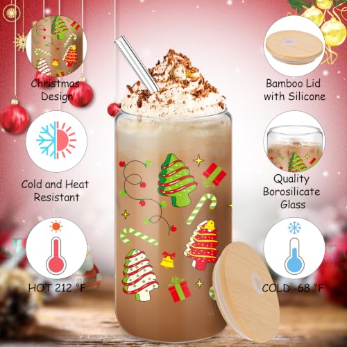 12-Pack Christmas Glass Cups Gift Set - 16oz Drink Jars with Straws & Lids - Vivid Holiday Styles