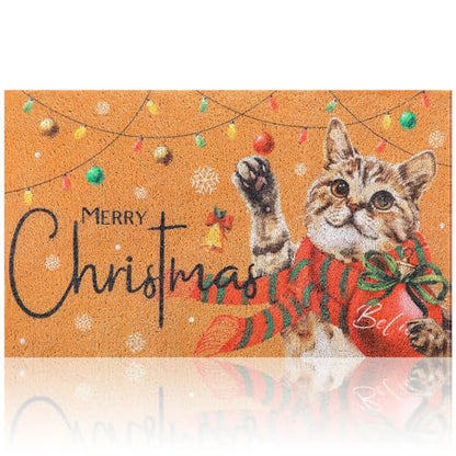 Christmas Welcome Door Mat 18x30 Coir Rug with Red Cat Design - Festive Outdoor Decor