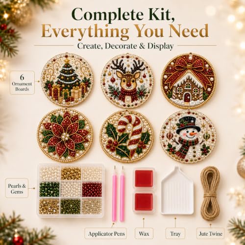 Christmas Pearl Diamond Art Ornament Kit - 6 Pieces with Pearls & Gems - Variation #17
