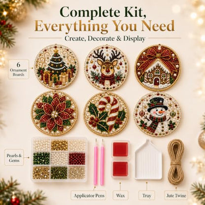 Christmas Pearl Diamond Art Ornament Kit - 6 Pieces with Pearls & Gems - Variation #17