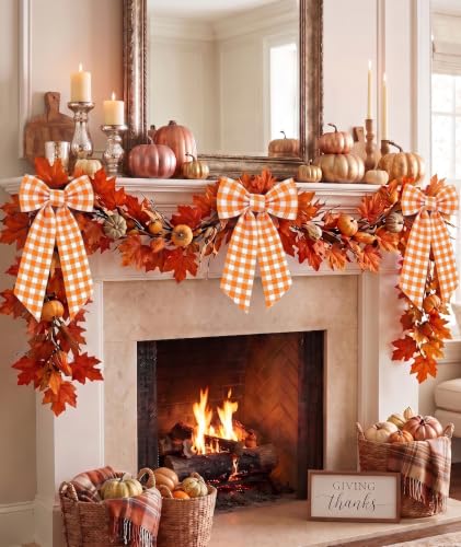 Fall Ribbon Wreath Sash for Front Door Orange Thanksgiving Decor - Variation: Orange Plaid
