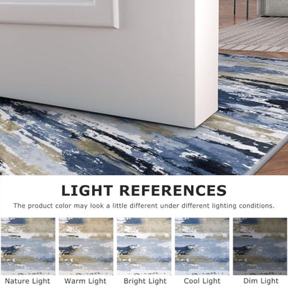 3' x 8' Abstract Washable Non-Slip Runner Rug for Hallway Navy / Blue / Taupe