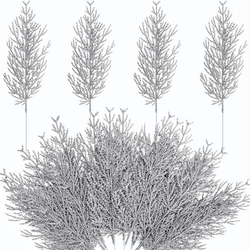 Artificial Pine Branches with Silver Glitter - 25 Pcs 13.5" Christmas Wreath Decor