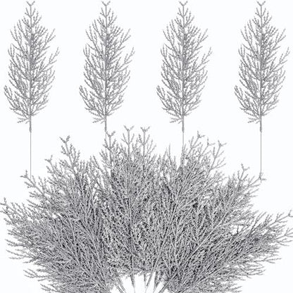 Artificial Pine Branches with Silver Glitter - 25 Pcs 13.5" Christmas Wreath Decor