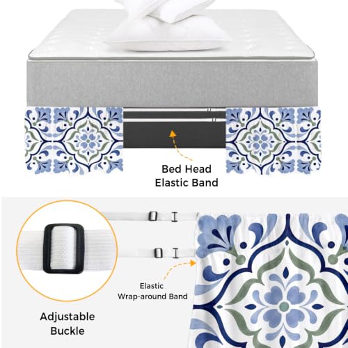 Blue Green Botanical King Size Bed Skirt 16 Inch Drop Elastic Wrap Around Dust Ruffle - Slate Blue