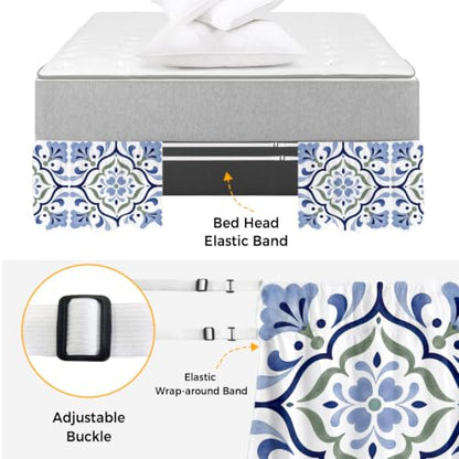 Blue Green Botanical King Size Bed Skirt 16 Inch Drop Elastic Wrap Around Dust Ruffle - Slate Blue