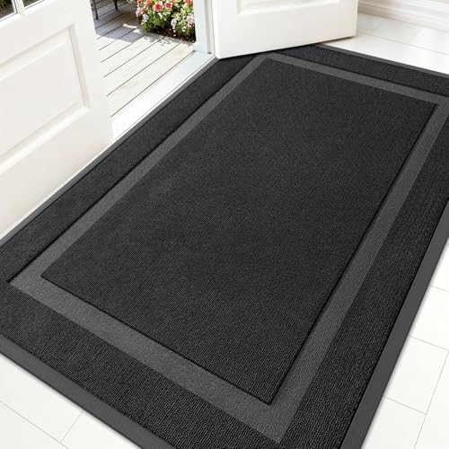 OLANLY Front Door Mat Indoor Outdoor Entrance, Waterproof All-Season, All-Weather Doormat, Sturdy Natural Rubber, Low Profile, Easy Clean Patio Porch Entryway Mat, 59x34, Jet Black